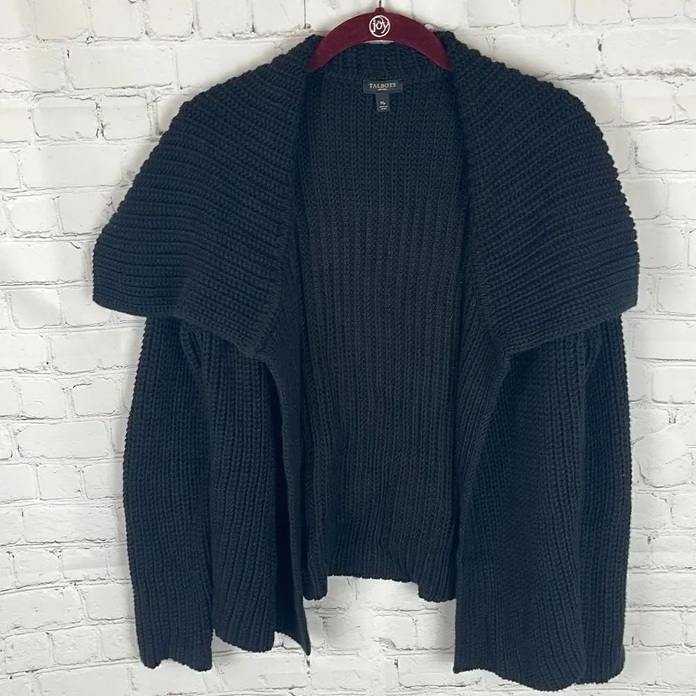 Talbots Black Chunky Wide Collar Cardigan Size Medium PETITE
